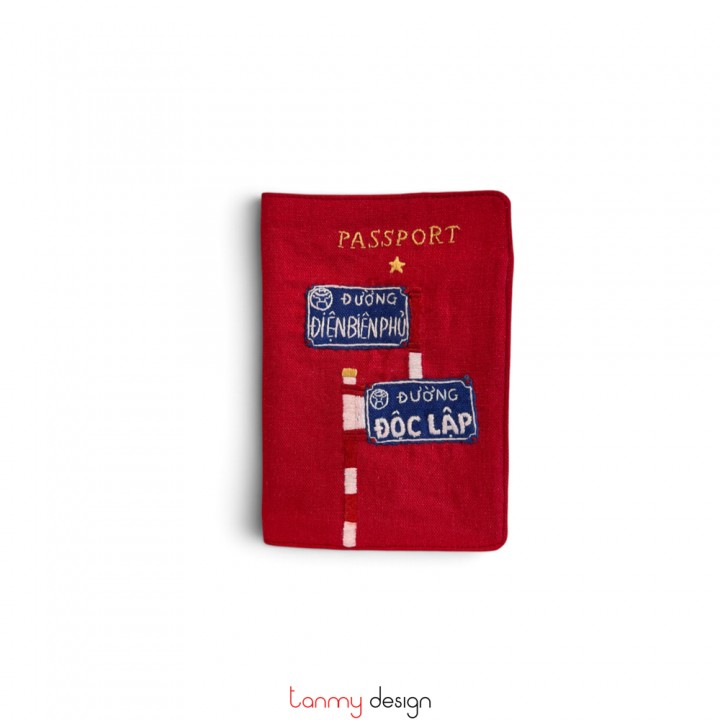 Ví đựng Passport đỏ thêu Đường phố Hà Nội